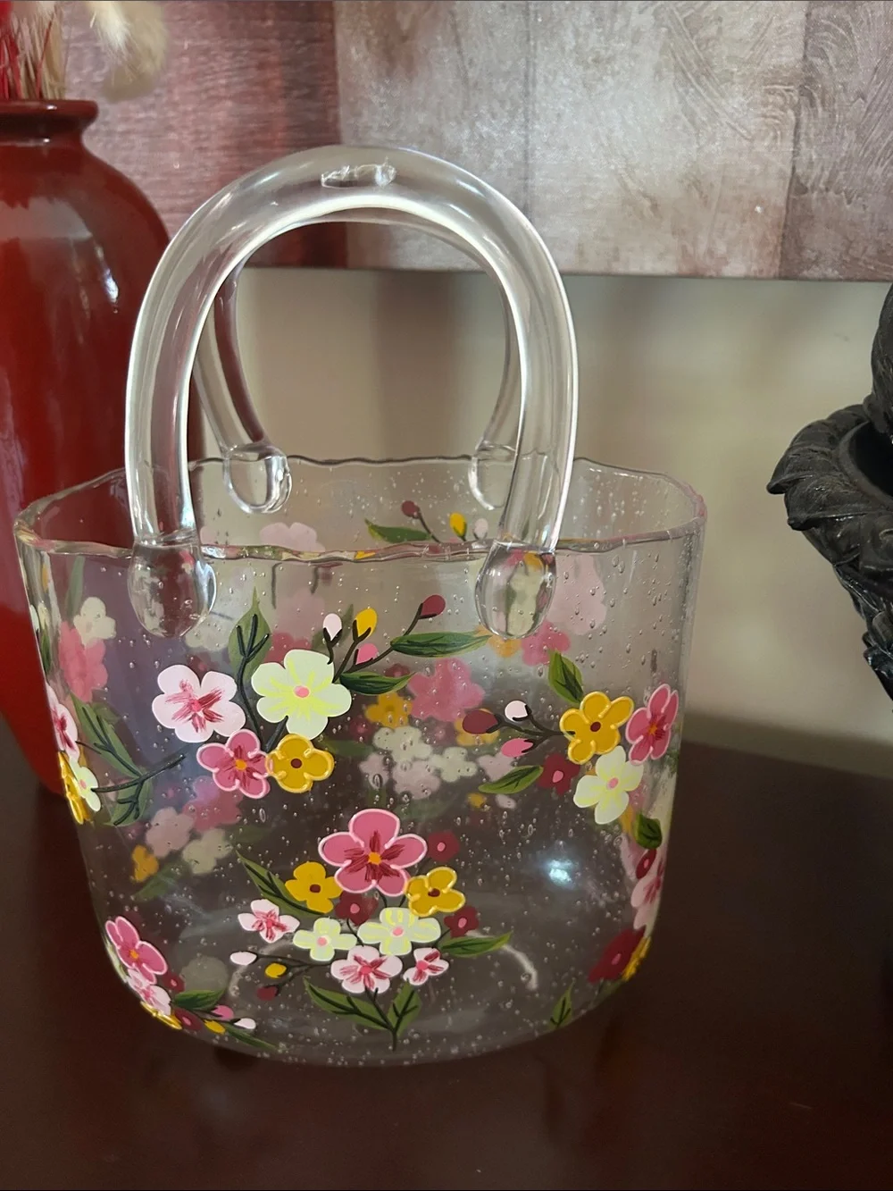 Clear Floral Glass Tote Vase - Pink & Yellow Floral Accent